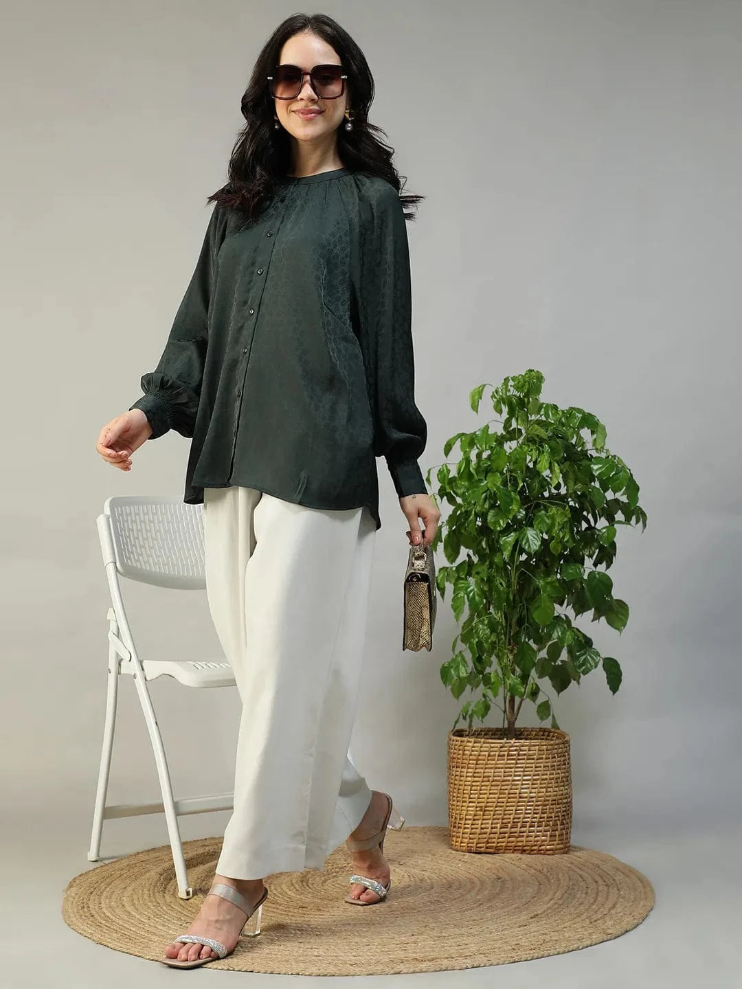 Fearless Green Round Neck Long Sleeve Button Down Women Top