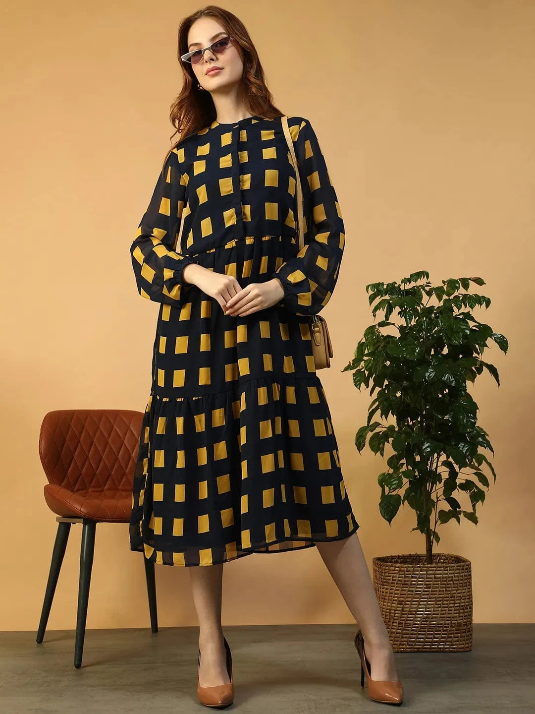 Navy Blue Geometric Print Dress