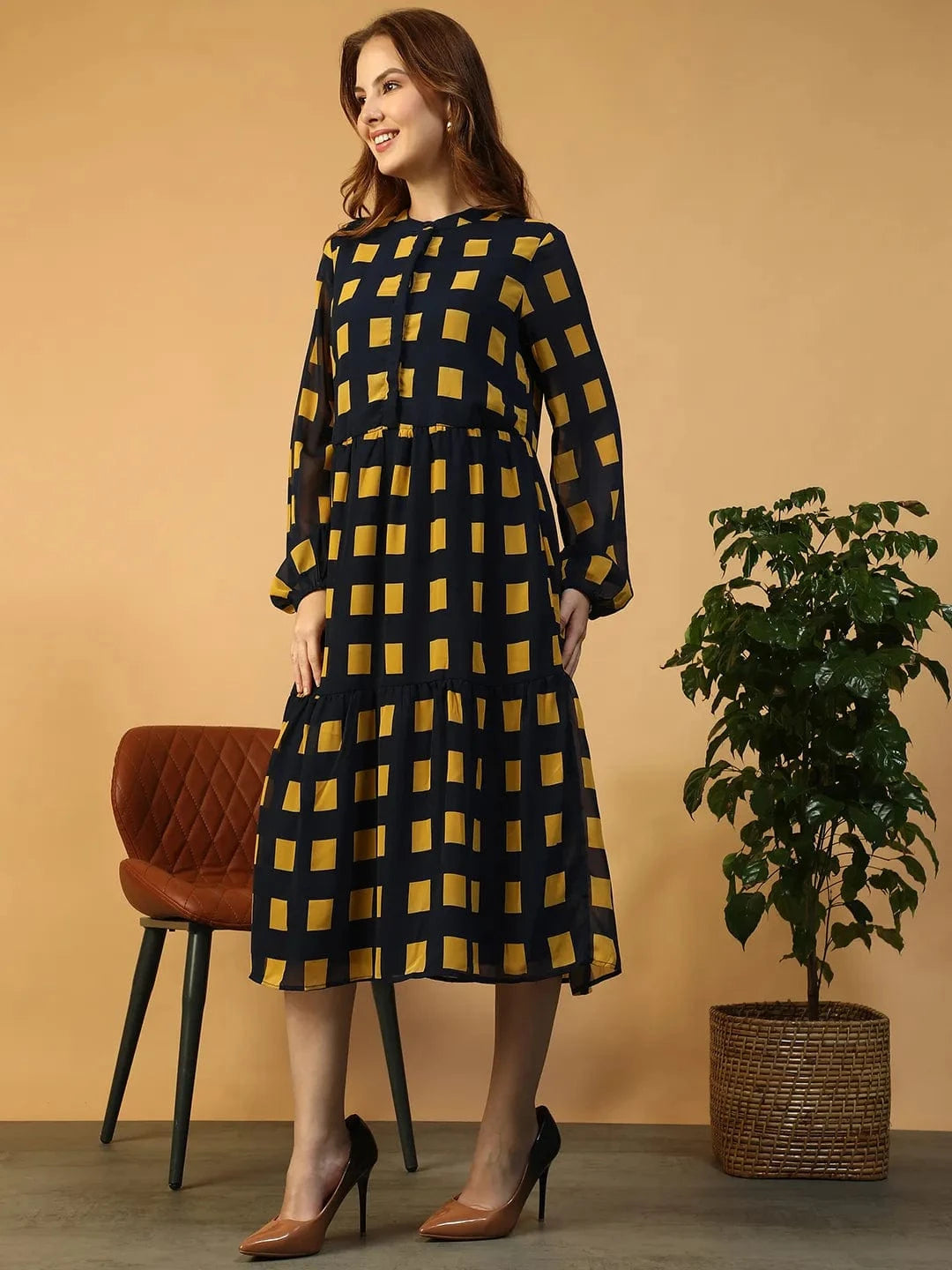 Navy Blue Geometric Print Dress