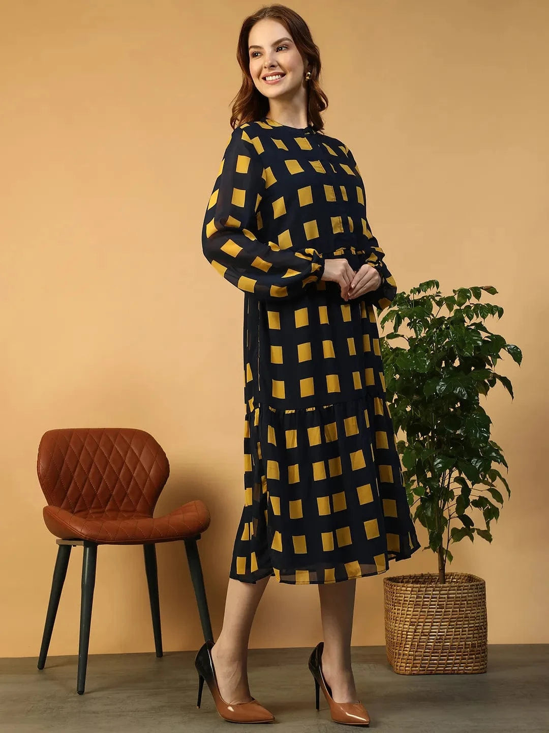 Navy Blue Geometric Print Dress