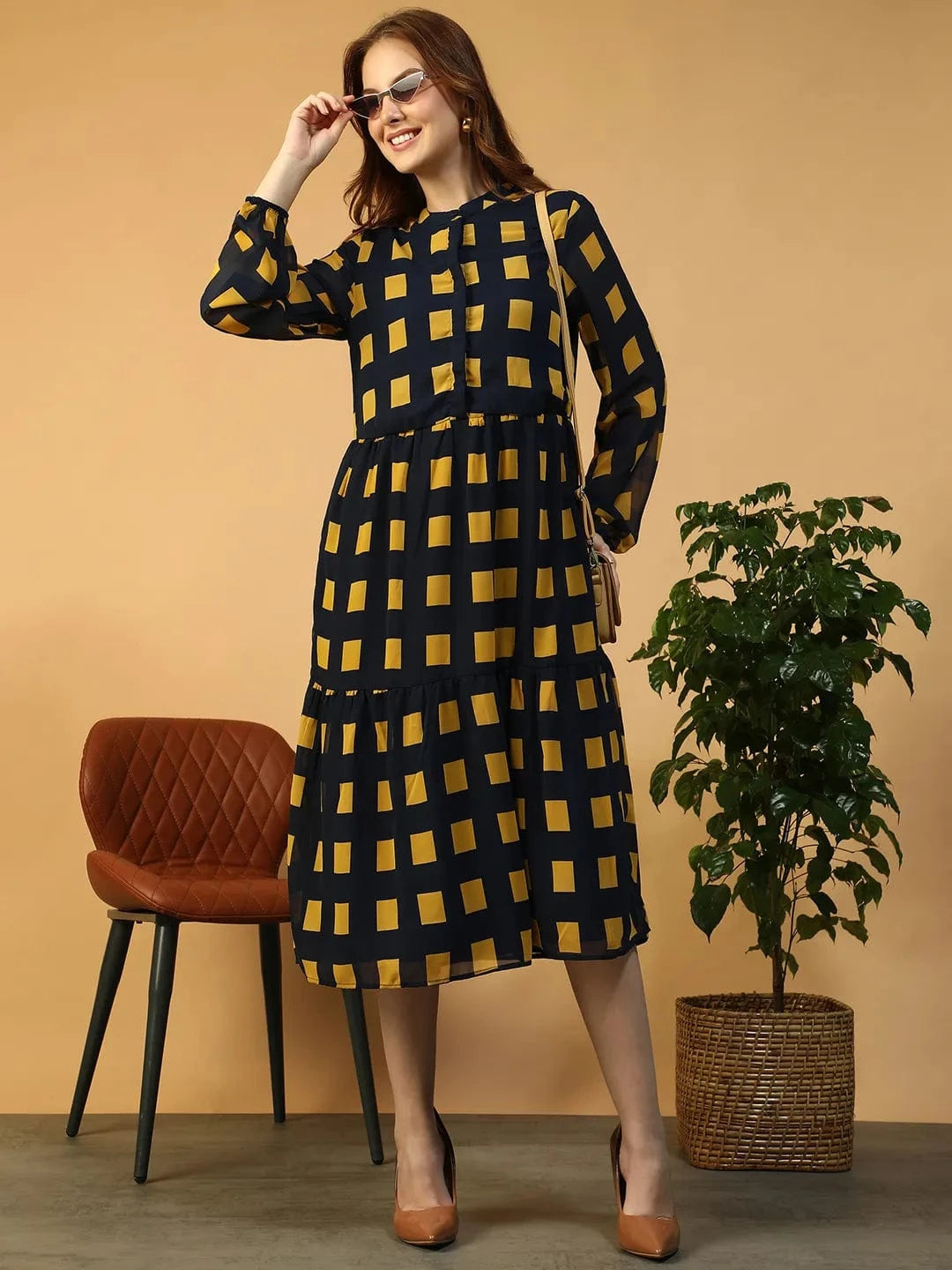 Navy Blue Geometric Print Dress