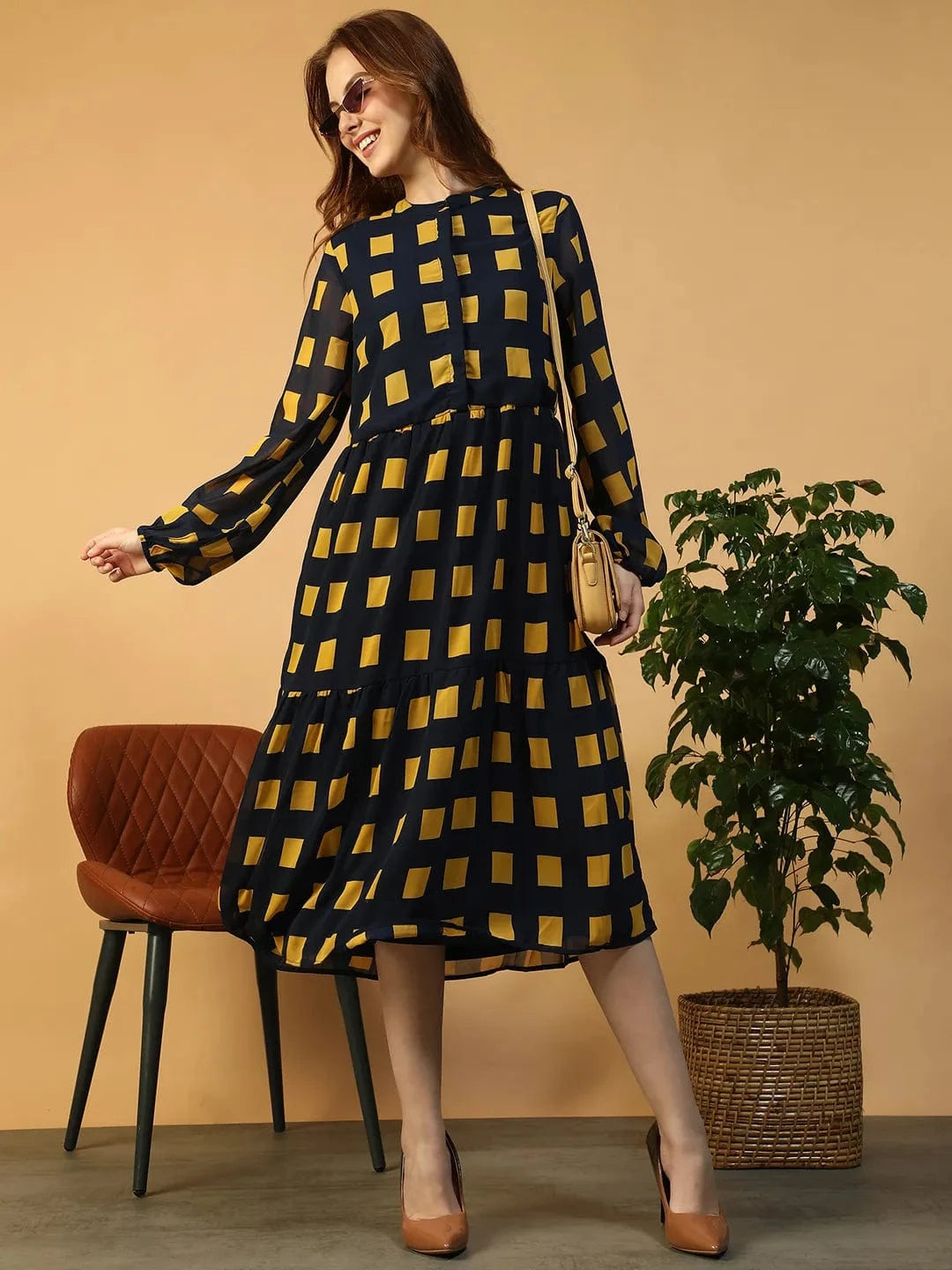 Navy Blue Geometric Print Dress