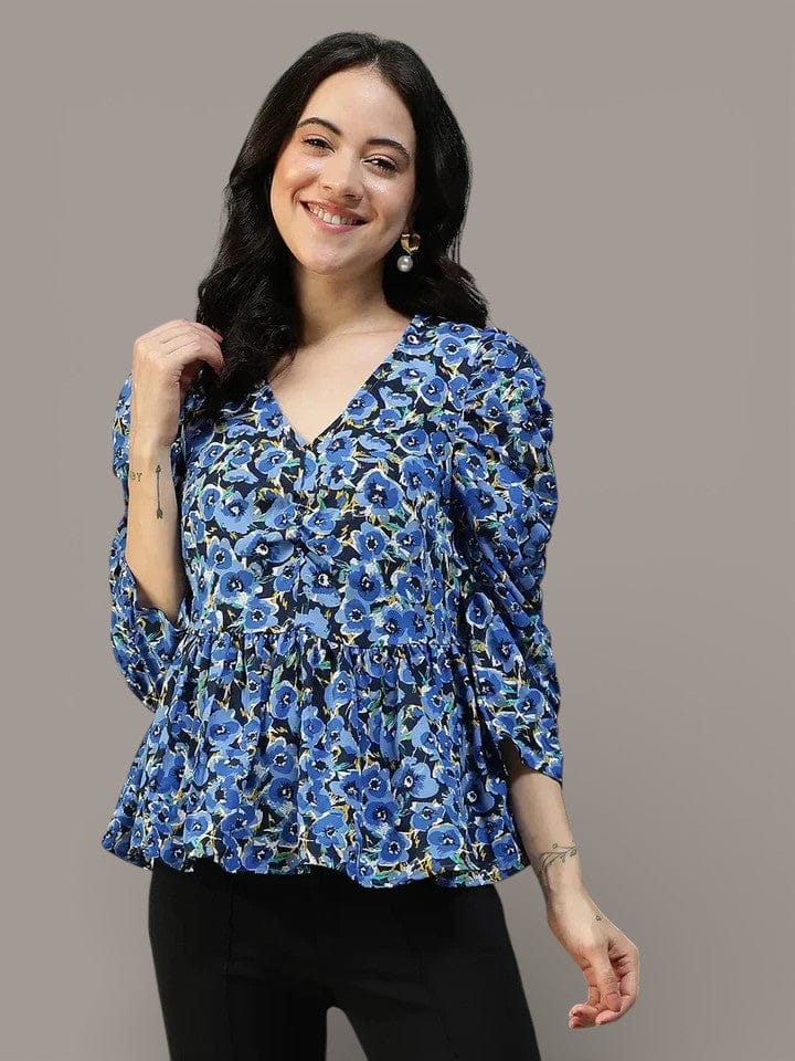 Women's Blue Floral Puff Sleeve Top