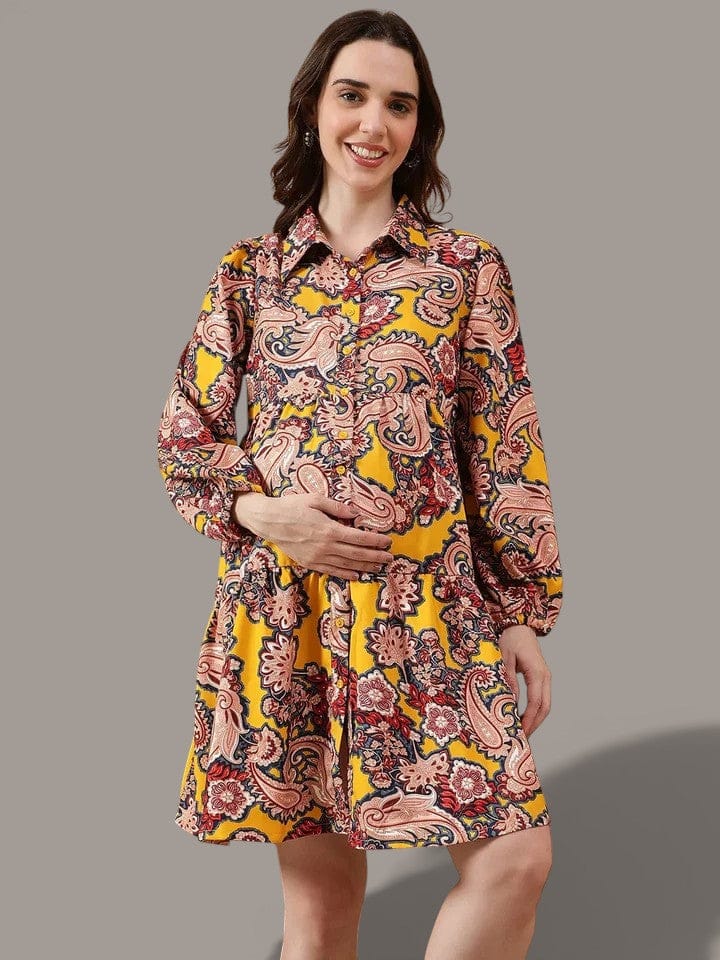 Yellow Tropical Print Maternity Dress