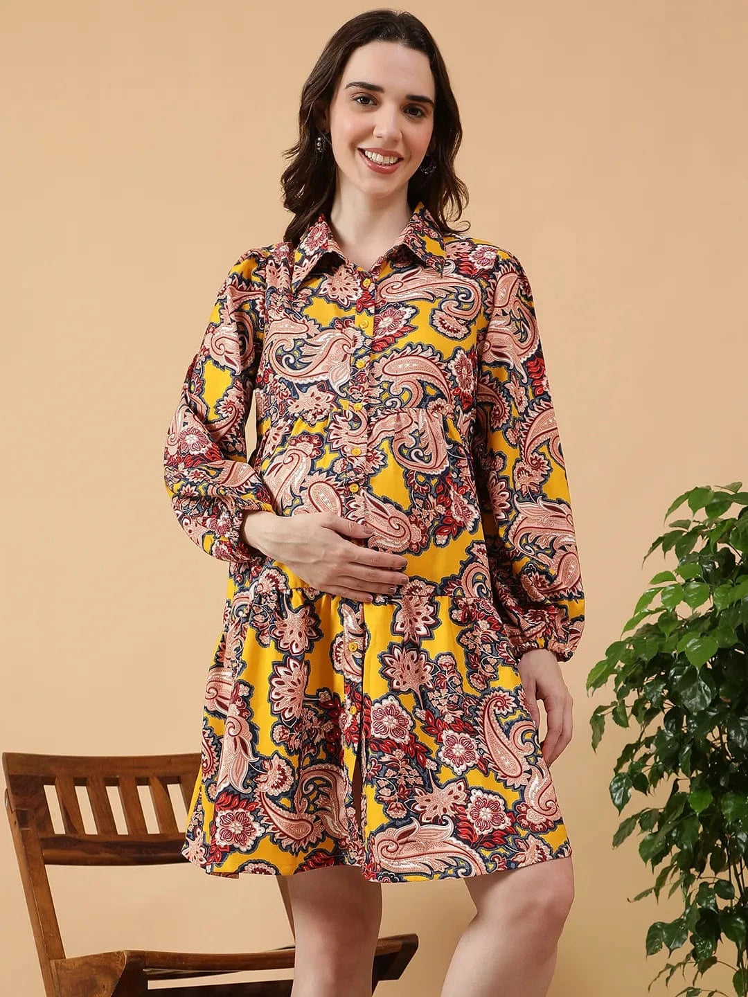 Yellow Tropical Print Women Maternity Dress
