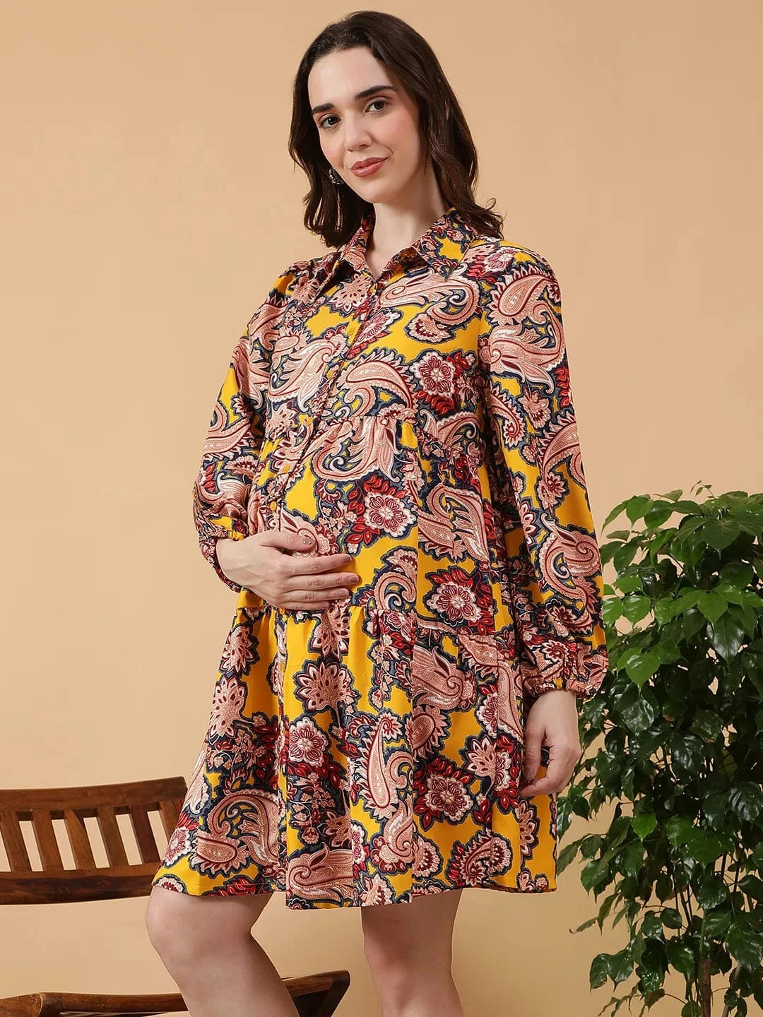 Yellow Tropical Print Women Maternity Dress
