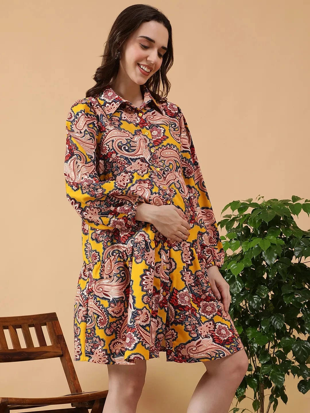 Yellow Tropical Print Women Maternity Dress