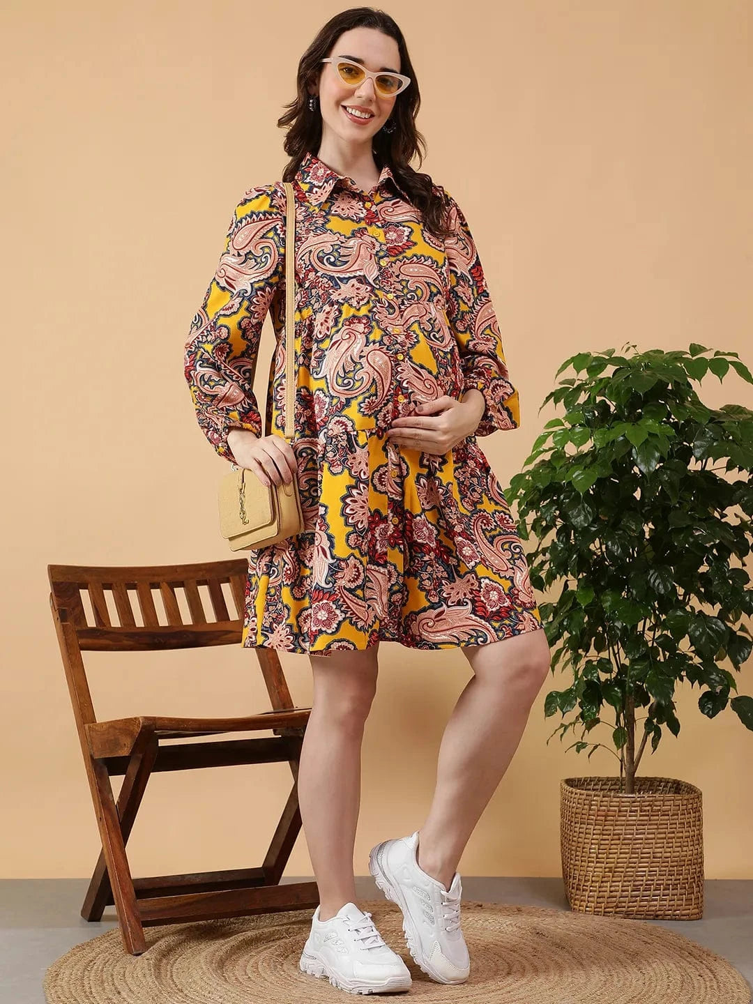 Yellow Tropical Print Women Maternity Dress
