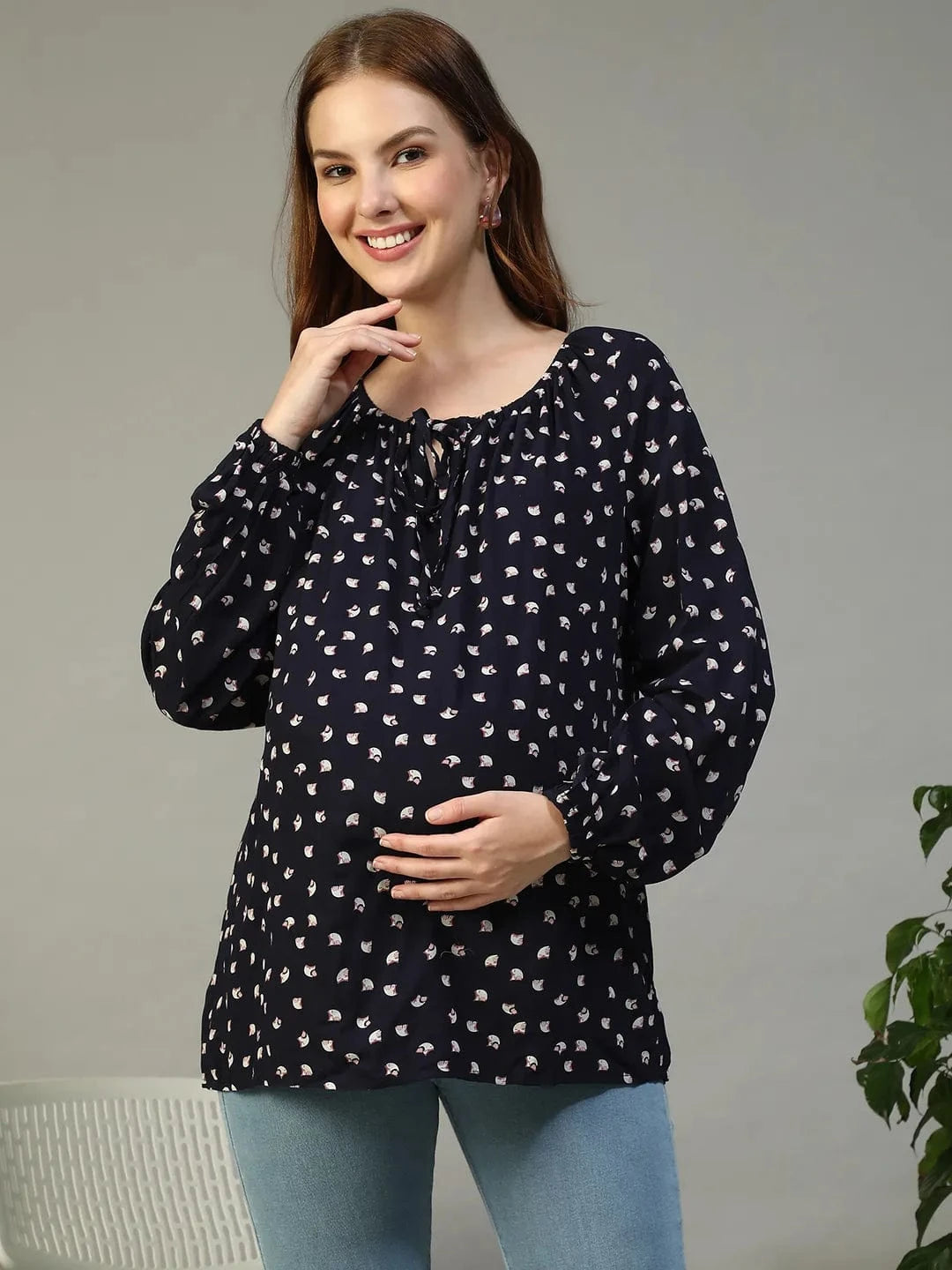 Casual Navy Blue Floral Print Round Neck With Tie-Up Detail Long Sleeve Women Maternity Top