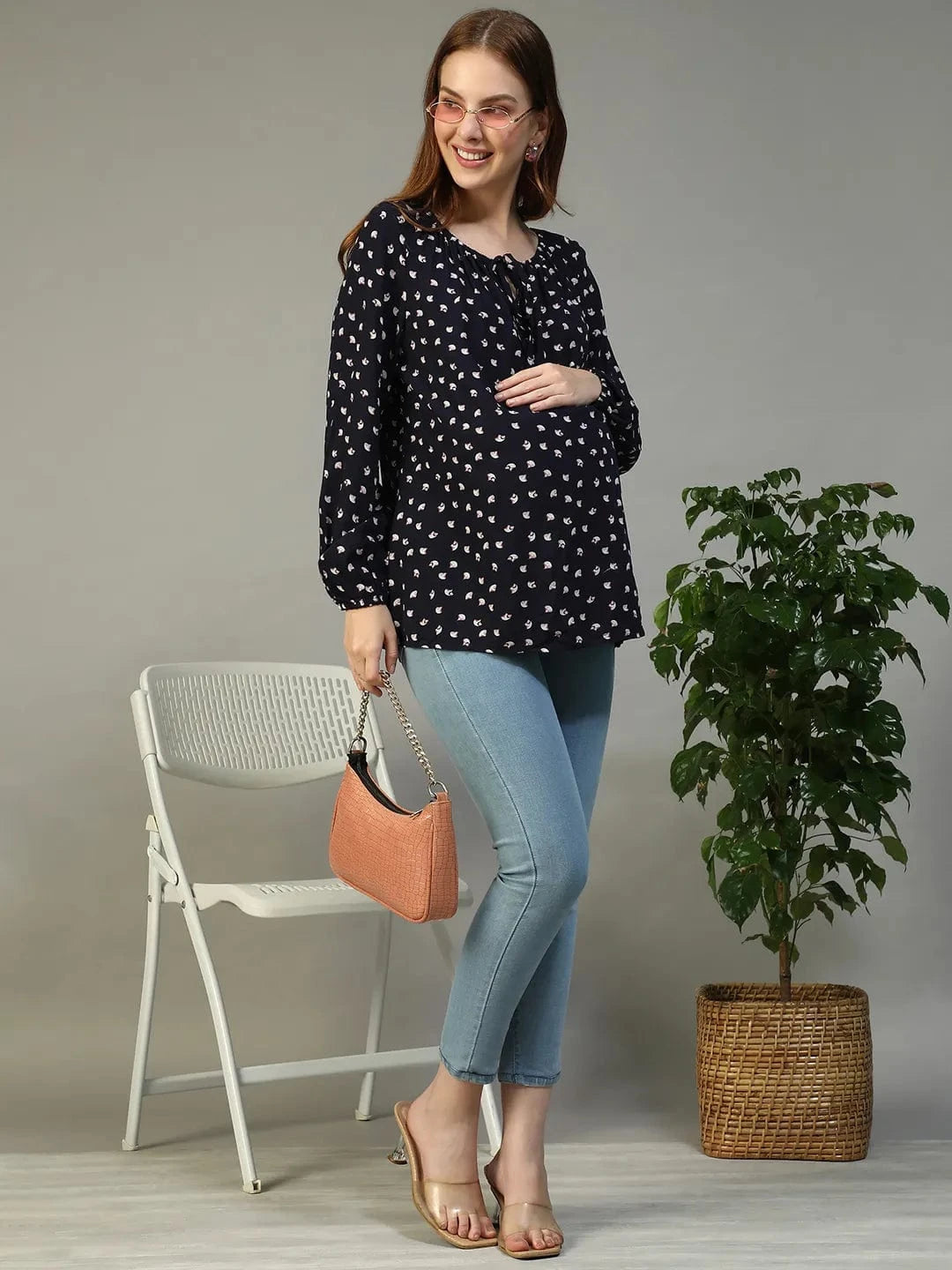 Casual Navy Blue Floral Print Round Neck With Tie-Up Detail Long Sleeve Women Maternity Top