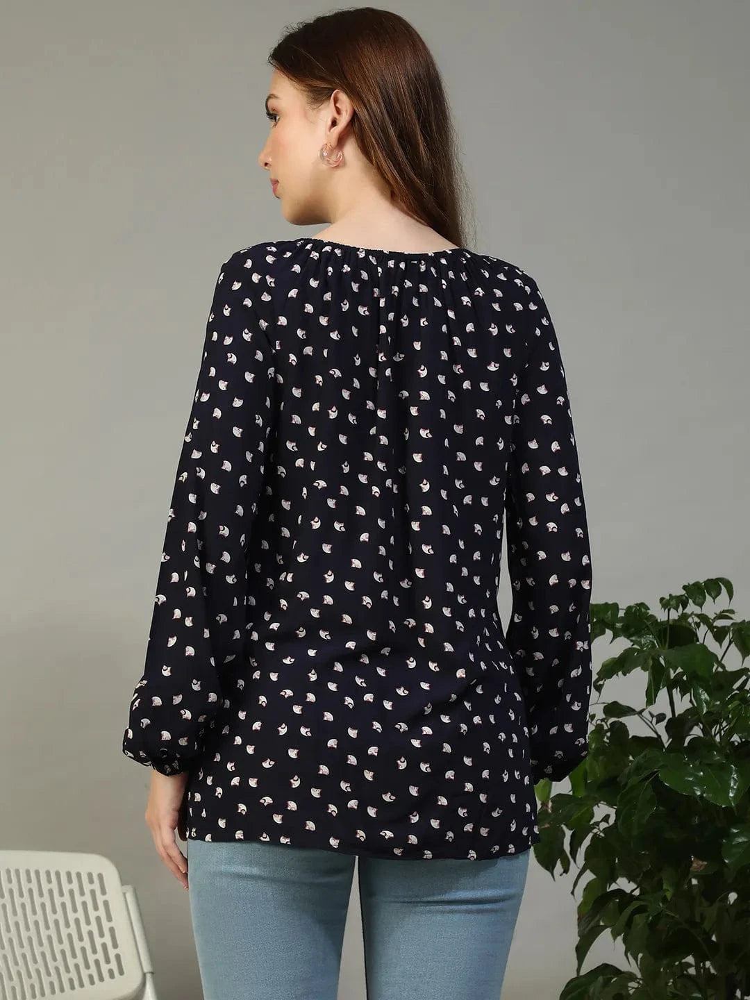Casual Navy Blue Floral Print Round Neck With Tie-Up Detail Long Sleeve Women Maternity Top