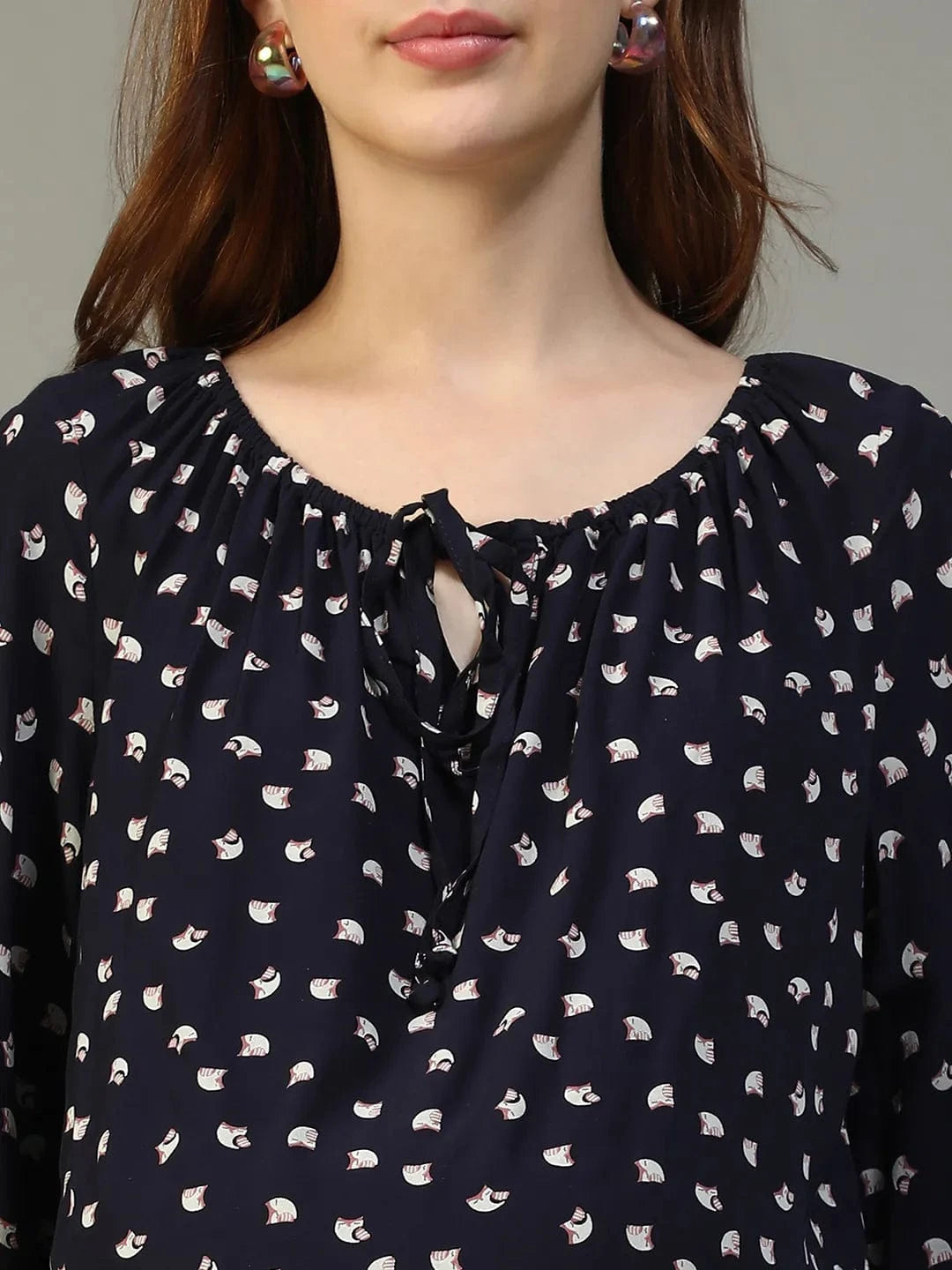 Casual Navy Blue Floral Print Round Neck With Tie-Up Detail Long Sleeve Women Maternity Top