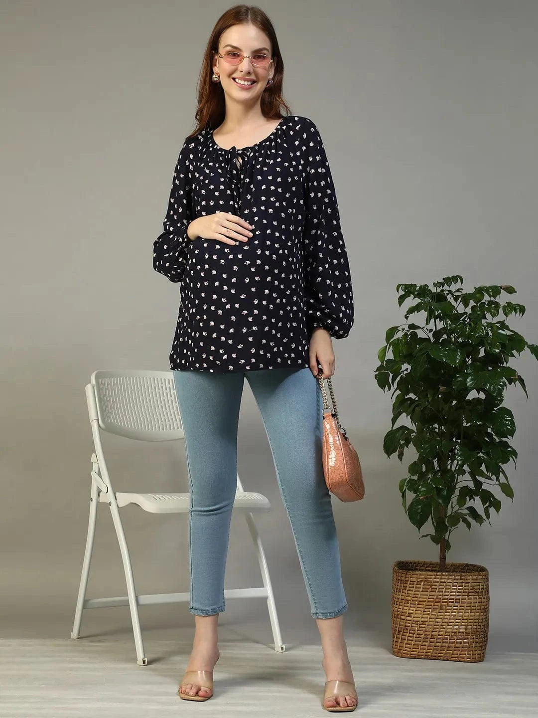 Casual Navy Blue Floral Print Round Neck With Tie-Up Detail Long Sleeve Women Maternity Top