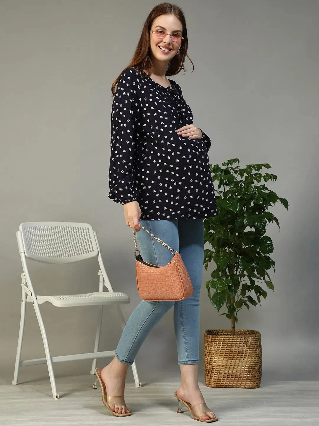 Casual Navy Blue Floral Print Round Neck With Tie-Up Detail Long Sleeve Women Maternity Top