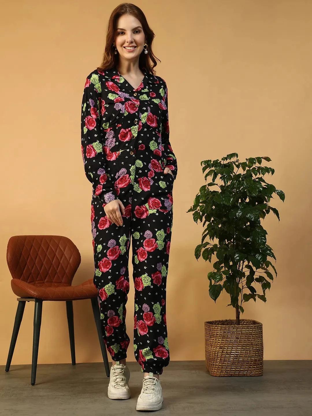 Forefront Black Floral Print Long Sleeve V- neck Button Down Elasticated Women Jumpsuit