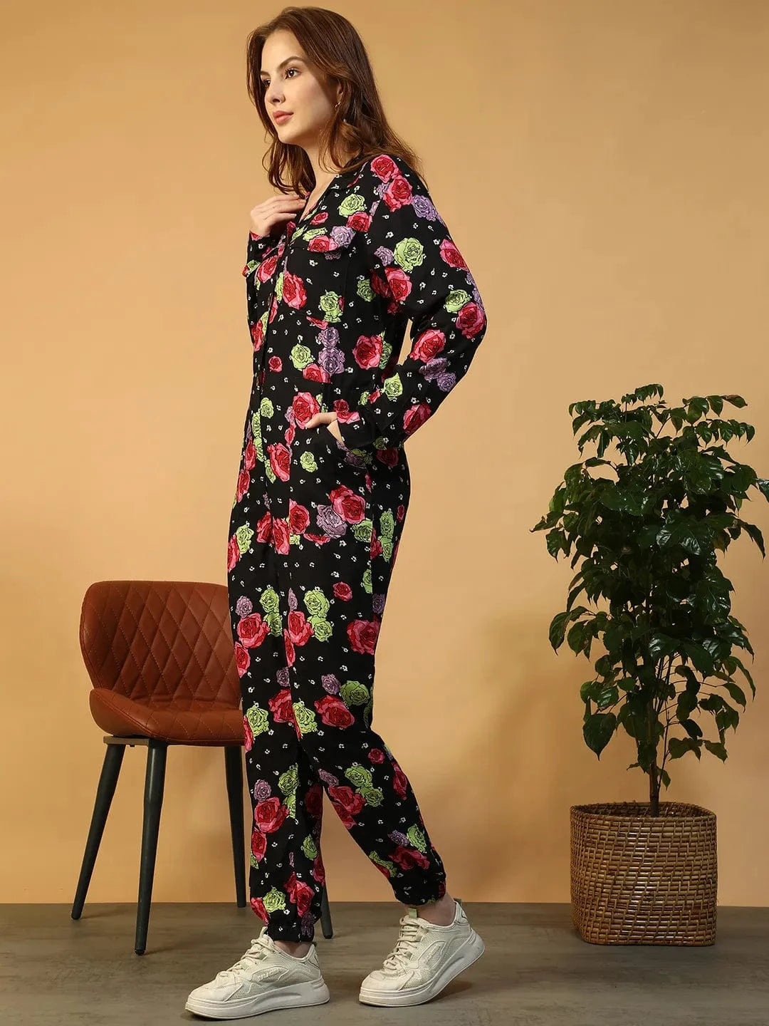 Forefront Black Floral Print Long Sleeve V- neck Button Down Elasticated Women Jumpsuit