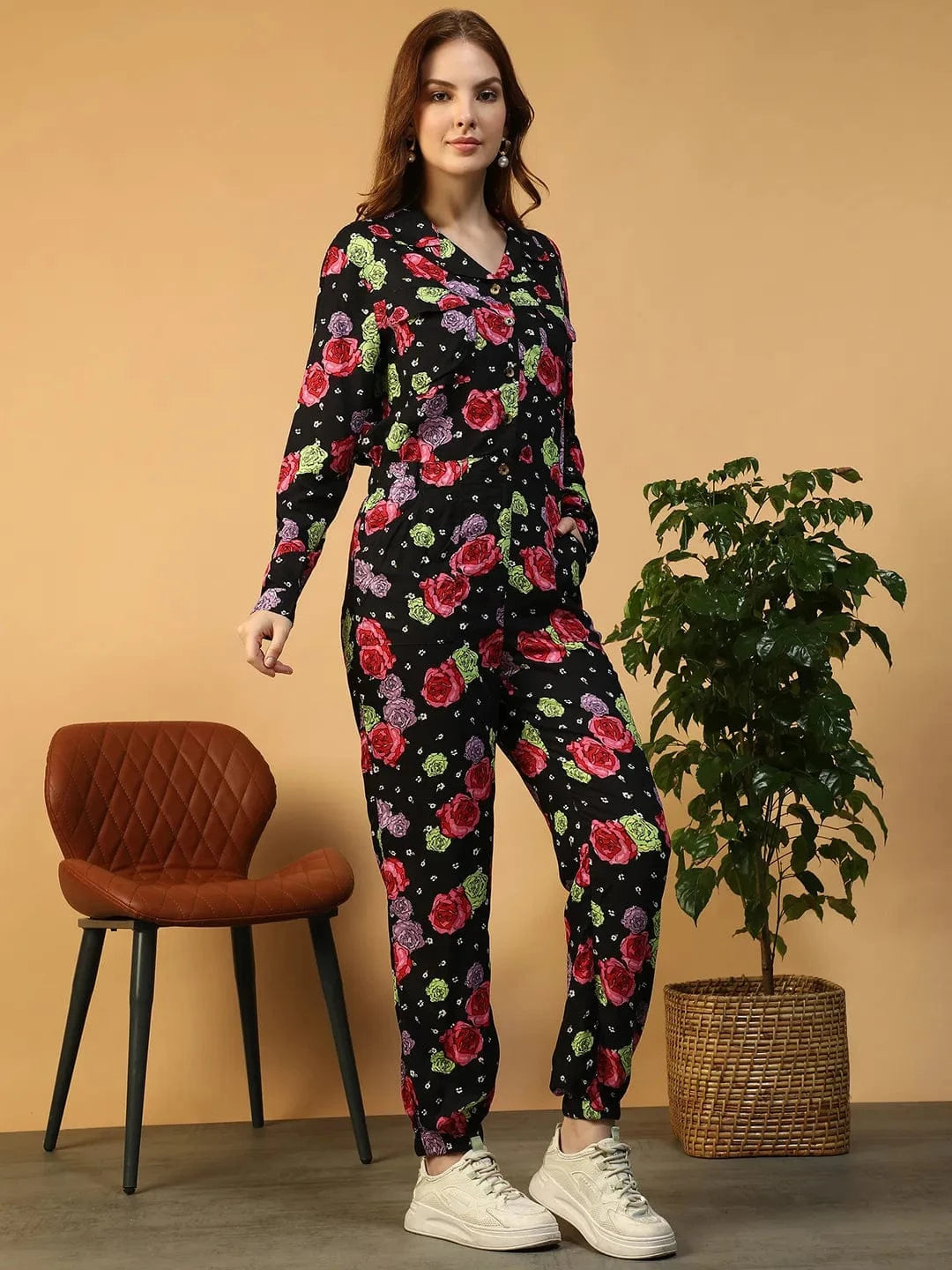 Forefront Black Floral Print Long Sleeve V- neck Button Down Elasticated Women Jumpsuit