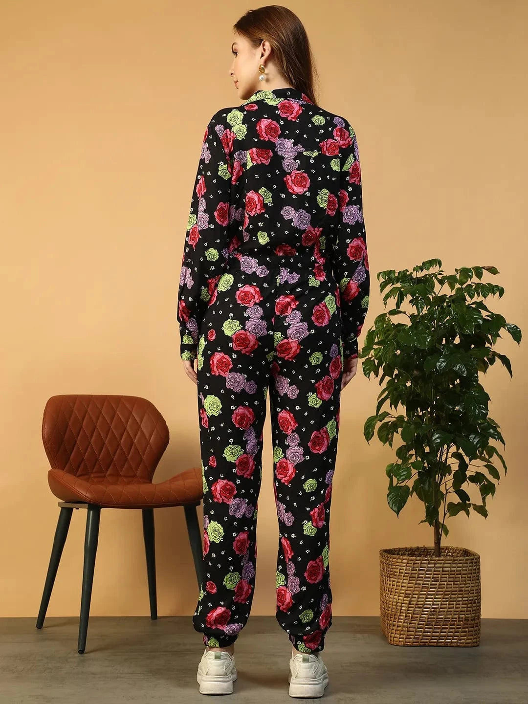 Forefront Black Floral Print Long Sleeve V- neck Button Down Elasticated Women Jumpsuit