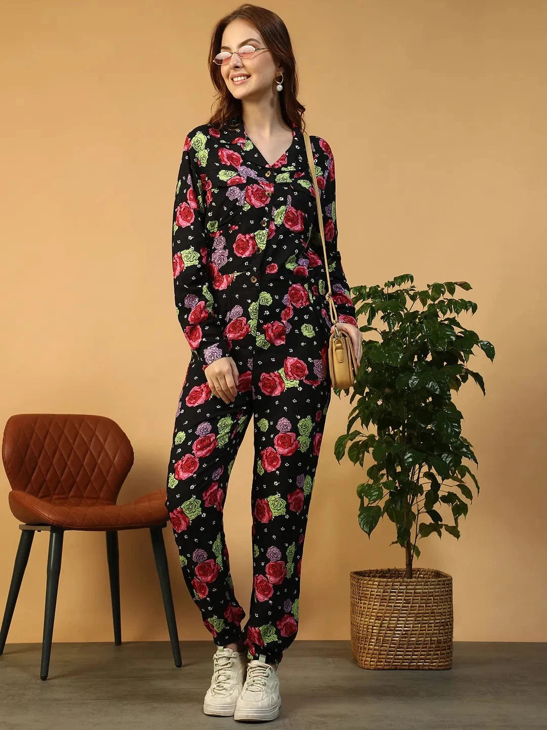 Forefront Black Floral Print Long Sleeve V- neck Button Down Elasticated Women Jumpsuit