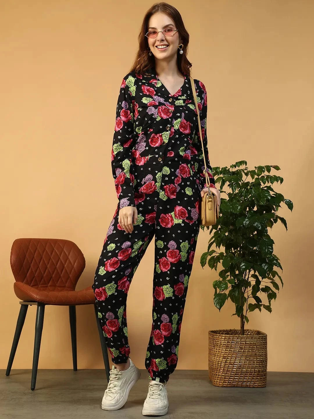 Forefront Black Floral Print Long Sleeve V- neck Button Down Elasticated Women Jumpsuit