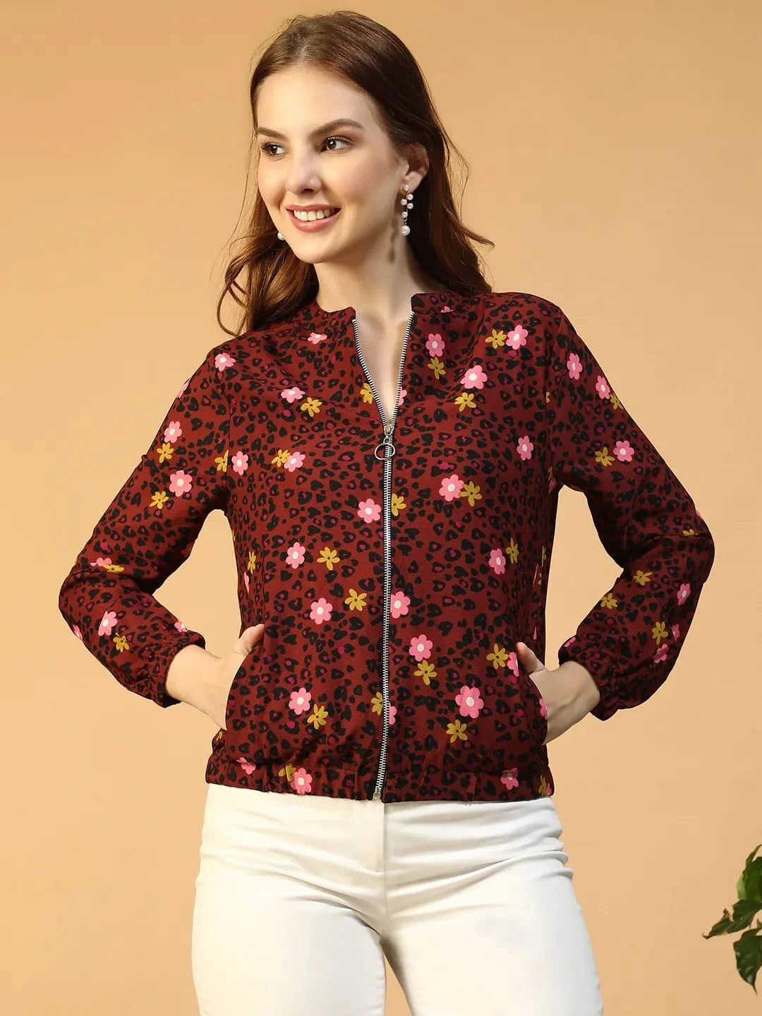 Dear Rust Floral Print Zip-Front Round Neck Long Sleeve Women Bomber Jacket
