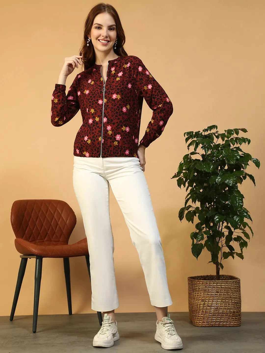 Dear Rust Floral Print Zip-Front Round Neck Long Sleeve Women Bomber Jacket
