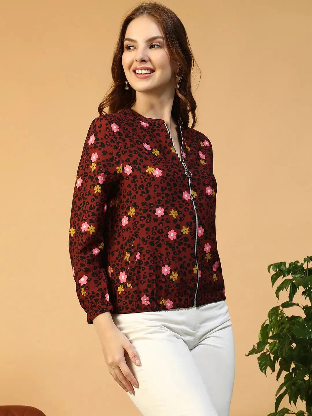 Dear Rust Floral Print Zip-Front Round Neck Long Sleeve Women Bomber Jacket