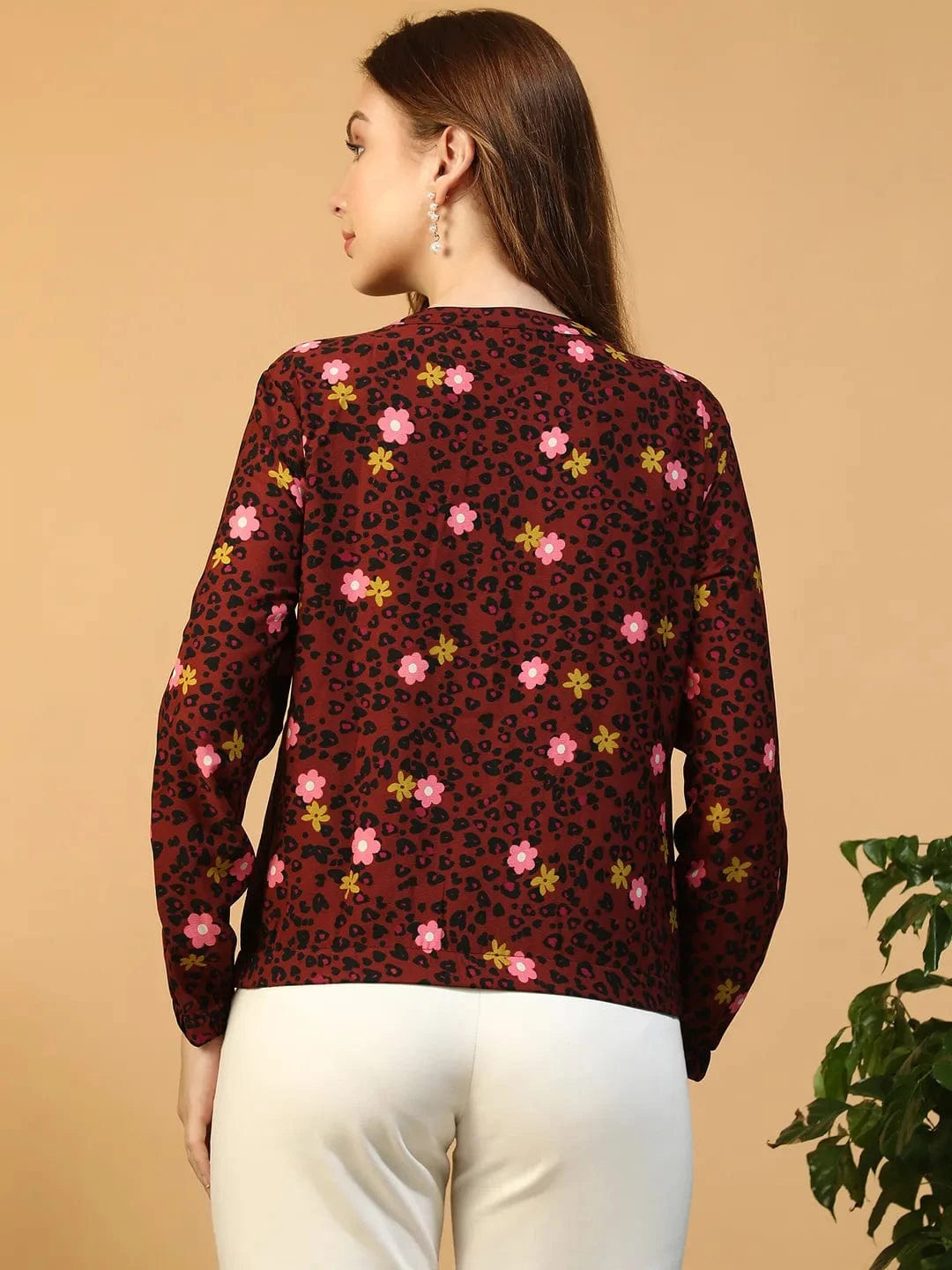 Dear Rust Floral Print Zip-Front Round Neck Long Sleeve Women Bomber Jacket