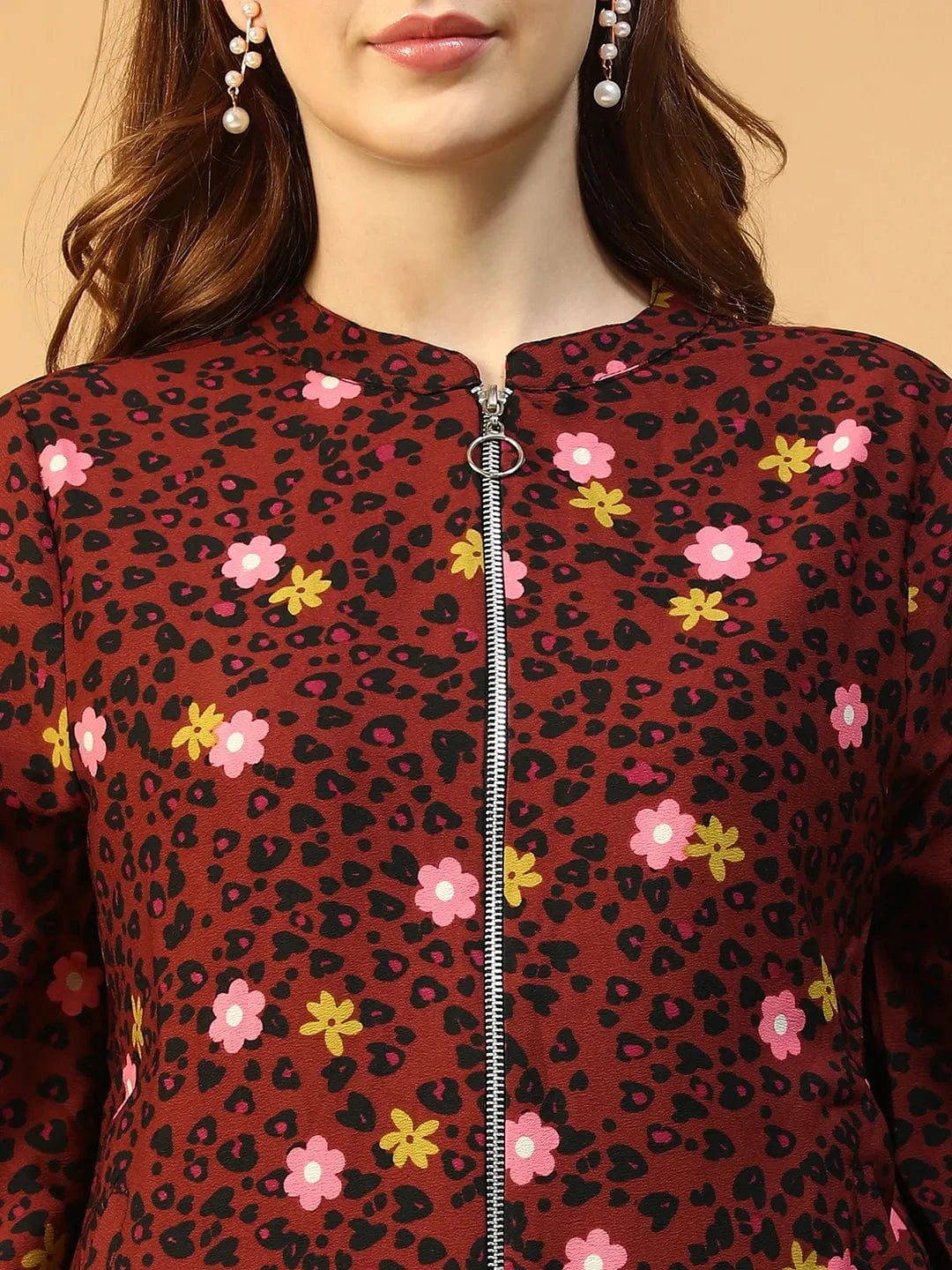 Dear Rust Floral Print Zip-Front Round Neck Long Sleeve Women Bomber Jacket