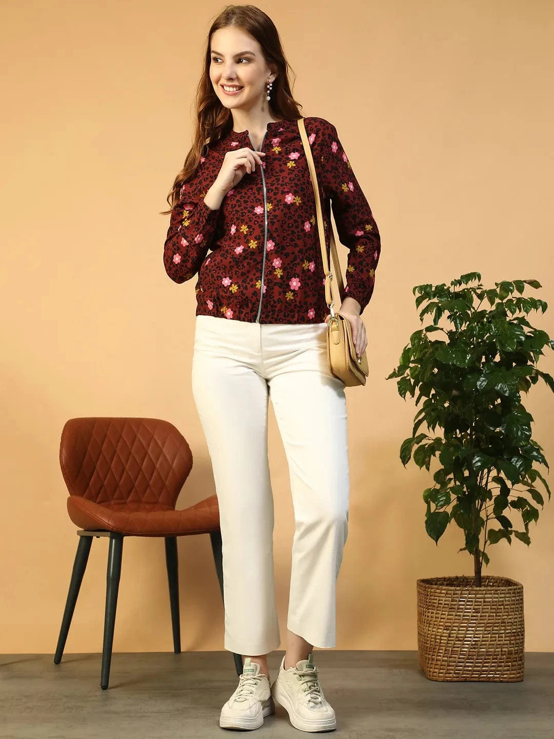 Dear Rust Floral Print Zip-Front Round Neck Long Sleeve Women Bomber Jacket