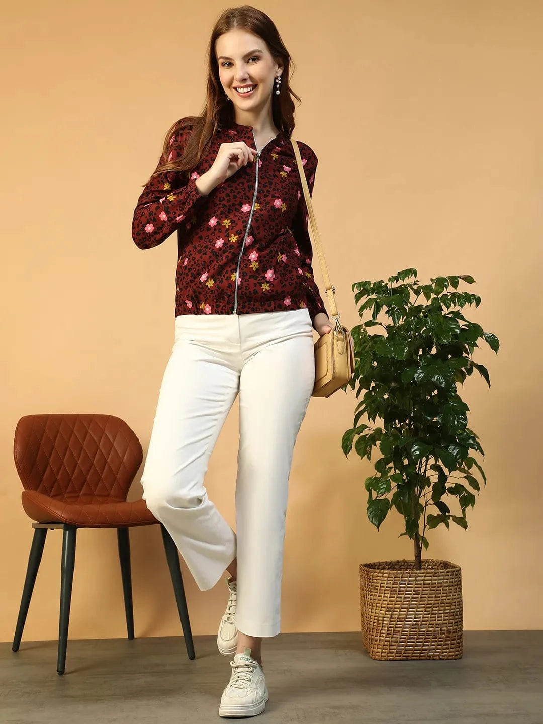 Dear Rust Floral Print Zip-Front Round Neck Long Sleeve Women Bomber Jacket