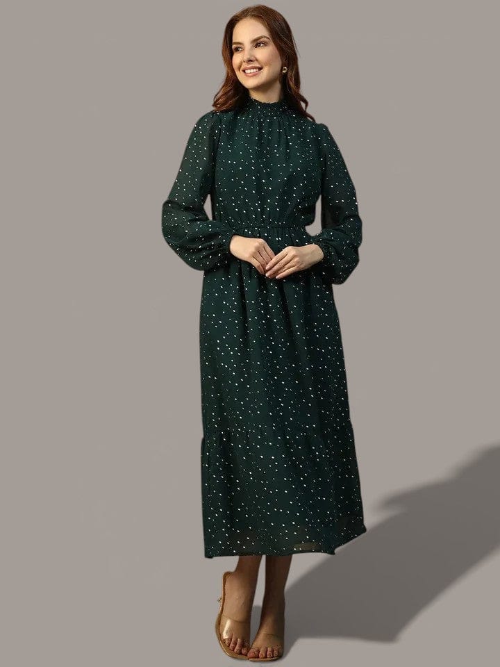 Green Foil Print Partywear Dress