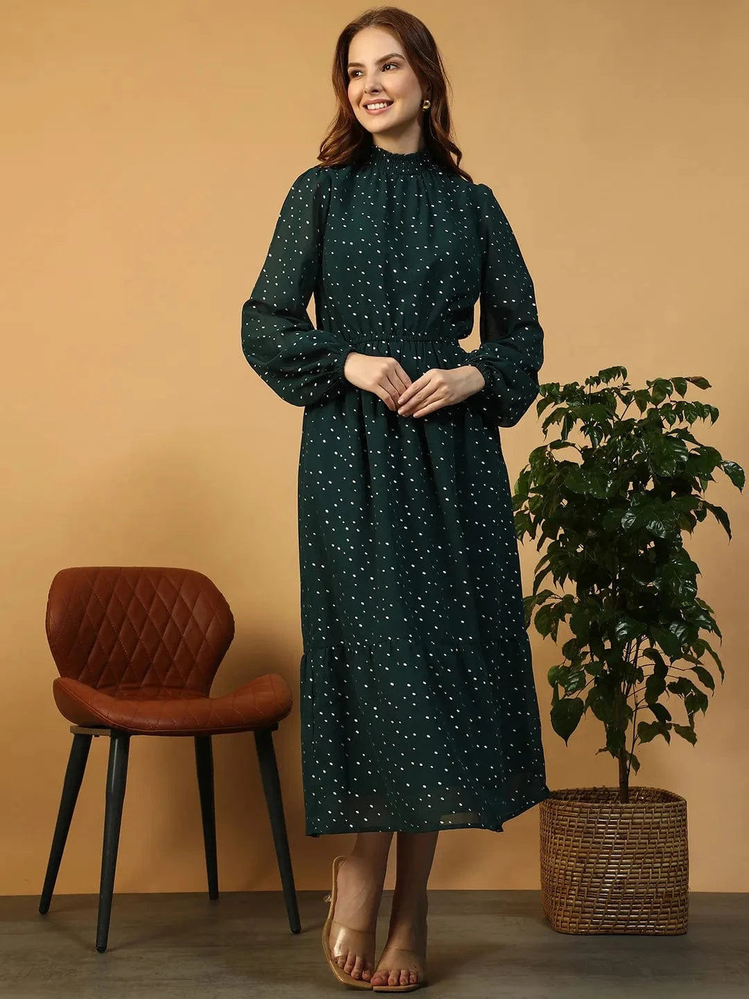 Green Foil Print Partywear Dress