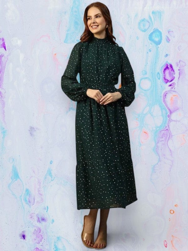 Green Foil Print Partywear Dress
