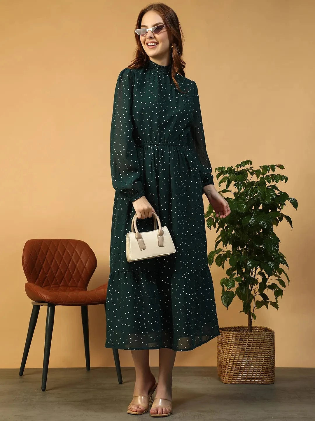 Green Foil Print Partywear Dress