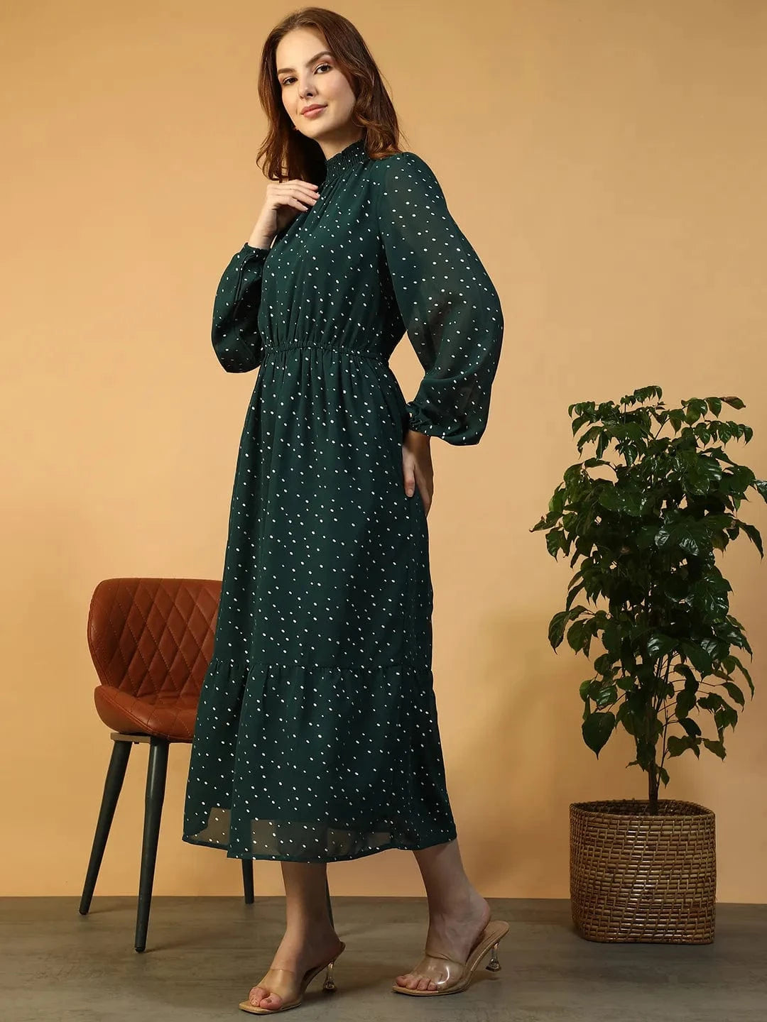 Green Foil Print Partywear Dress