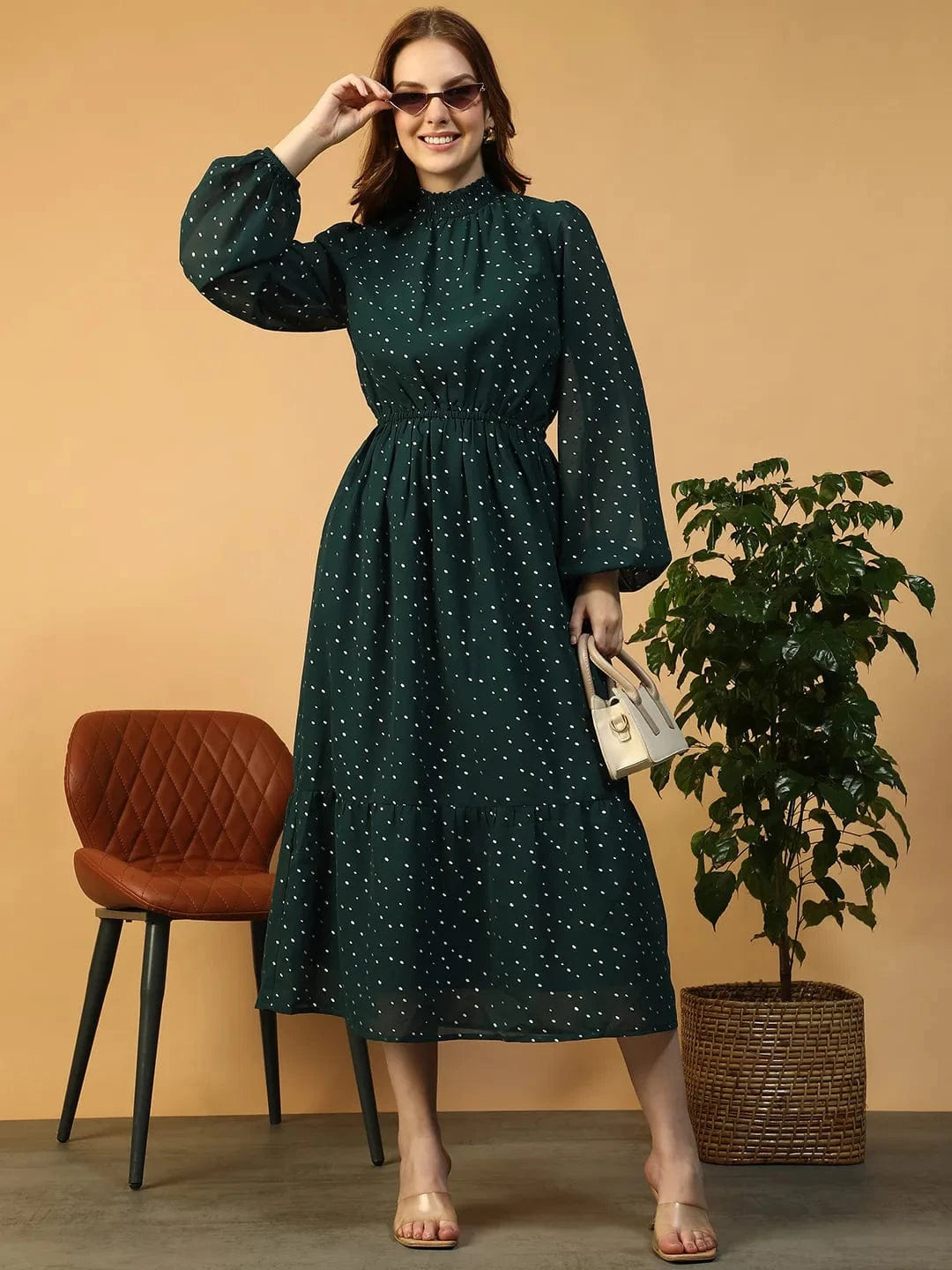 Green Foil Print Partywear Dress