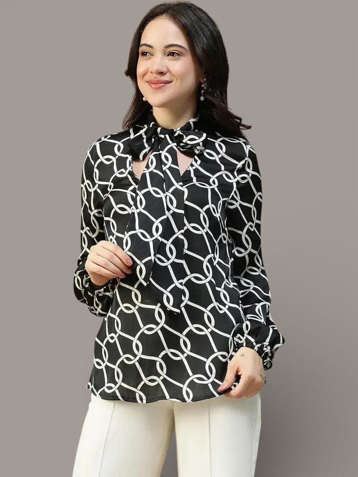 Black Abstract Print Top - Women's Casual Long Sleeve Blouse With Tie-Up Neck Detail