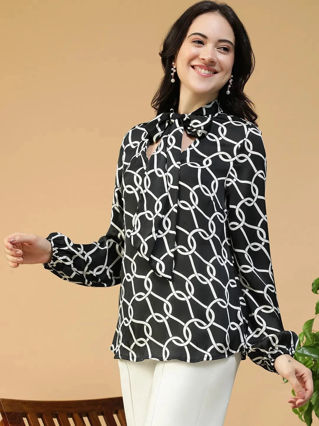 Quaint Black Abstract Print Round Neck With Tie-Up Detail Long Sleeve Women Top