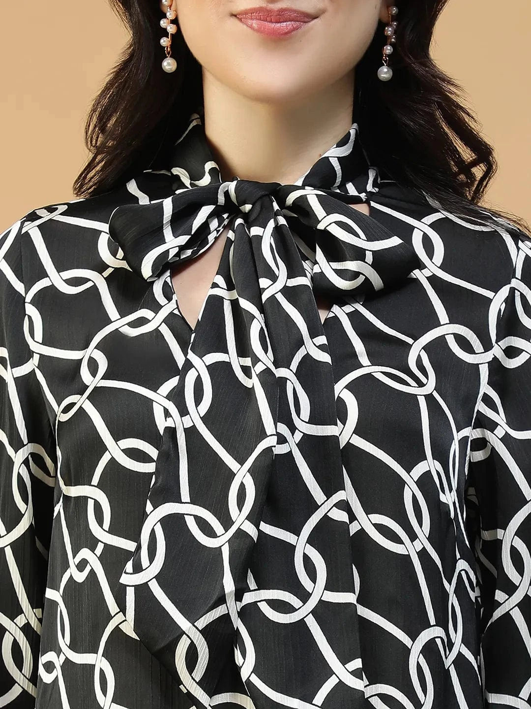 Quaint Black Abstract Print Round Neck With Tie-Up Detail Long Sleeve Women Top