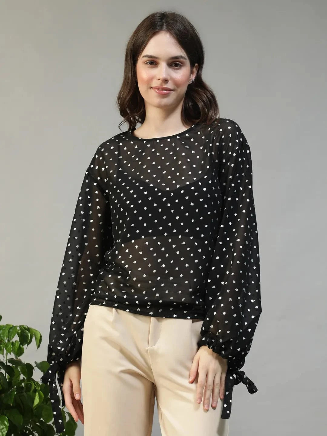 Ignite Black Round Neck Long Sleeve With Tie-Up Detail Lurex Dobby Women Partywear Top