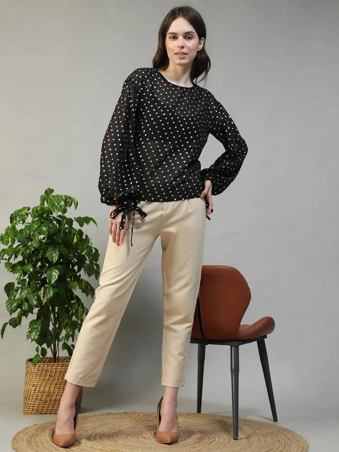 Ignite Black Round Neck Long Sleeve With Tie-Up Detail Lurex Dobby Women Partywear Top