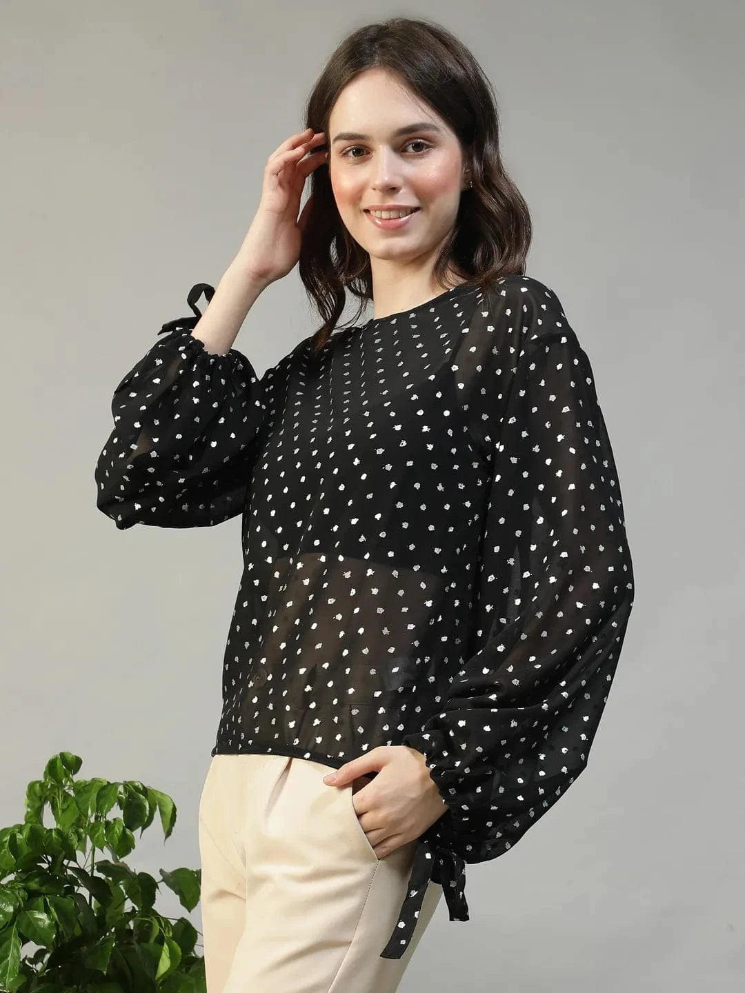 Ignite Black Round Neck Long Sleeve With Tie-Up Detail Lurex Dobby Women Partywear Top