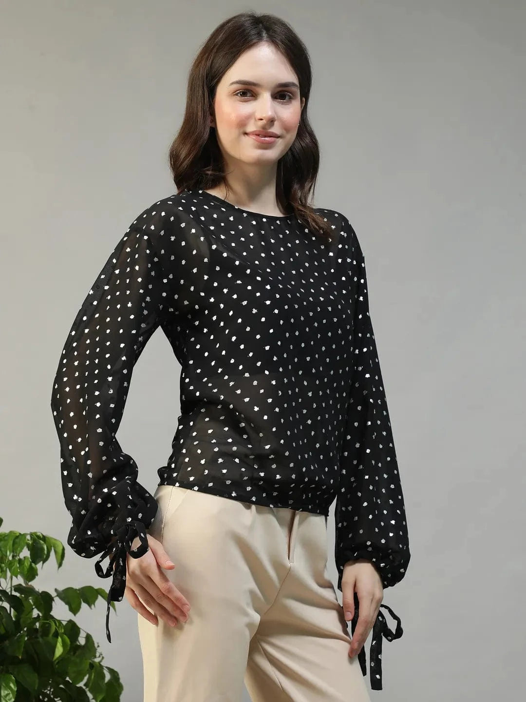 Ignite Black Round Neck Long Sleeve With Tie-Up Detail Lurex Dobby Women Partywear Top
