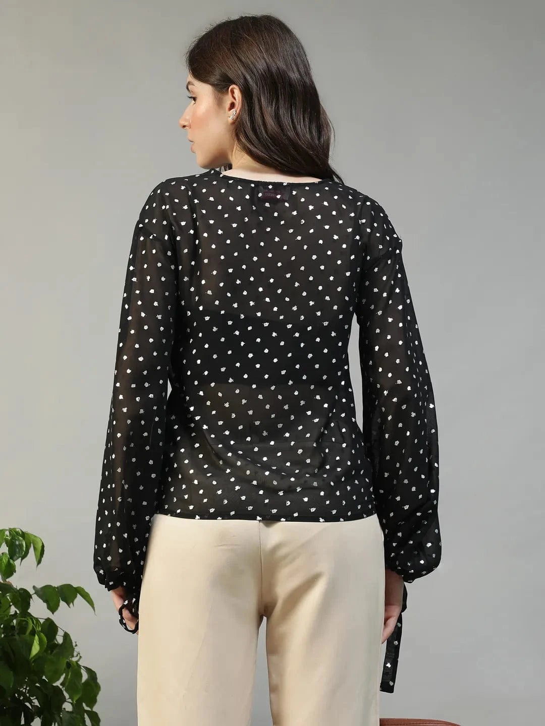Ignite Black Round Neck Long Sleeve With Tie-Up Detail Lurex Dobby Women Partywear Top
