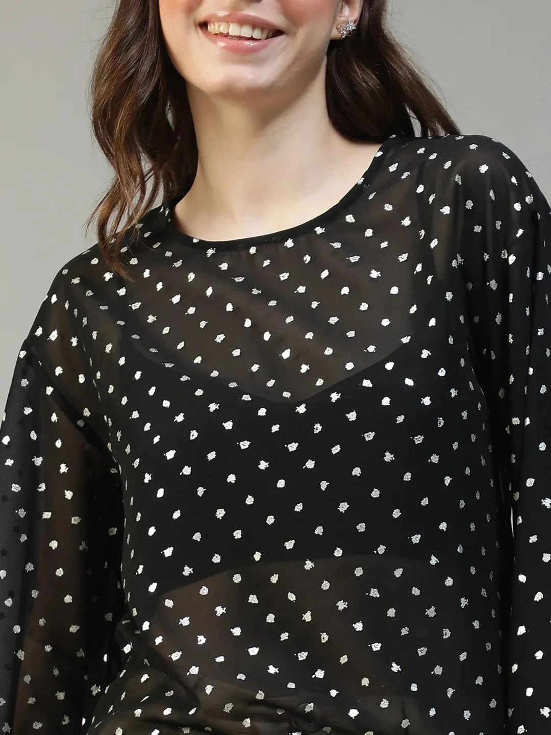 Ignite Black Round Neck Long Sleeve With Tie-Up Detail Lurex Dobby Women Partywear Top