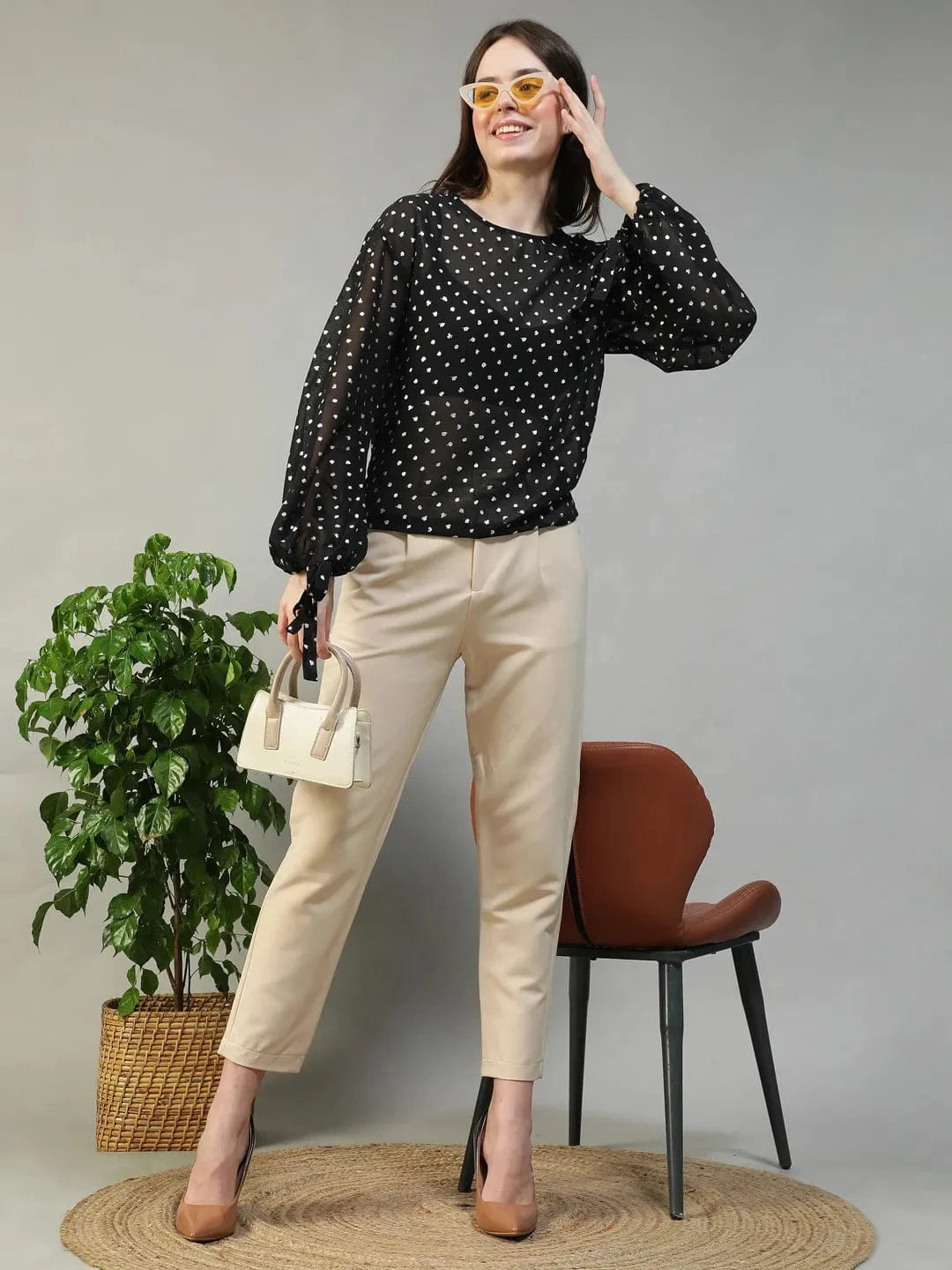 Ignite Black Round Neck Long Sleeve With Tie-Up Detail Lurex Dobby Women Partywear Top