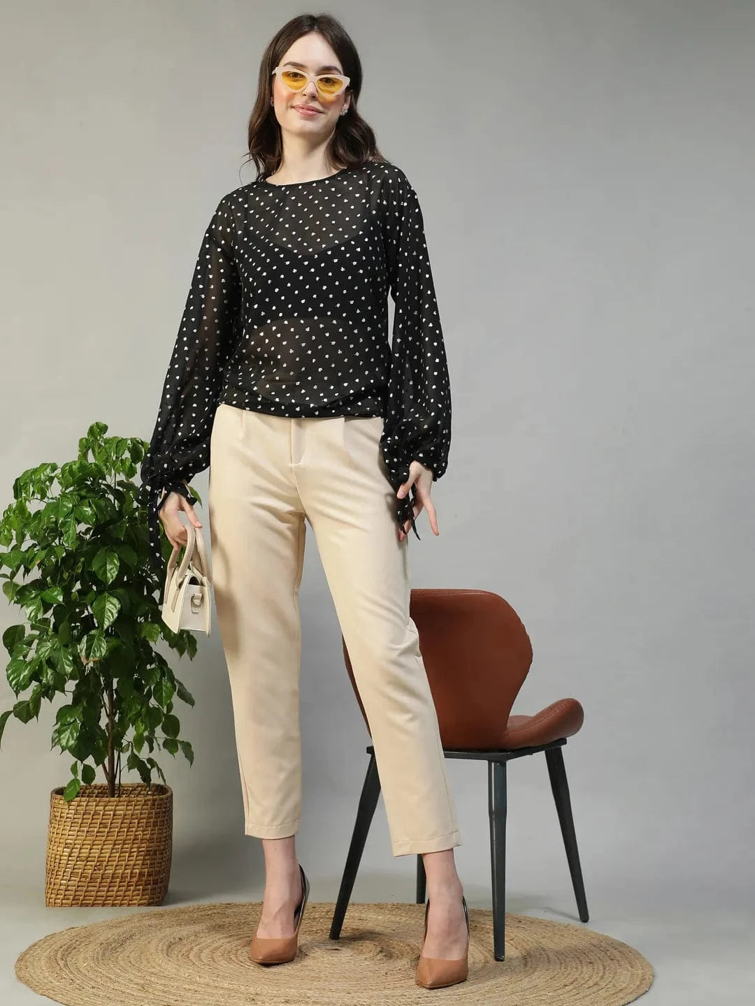 Ignite Black Round Neck Long Sleeve With Tie-Up Detail Lurex Dobby Women Partywear Top