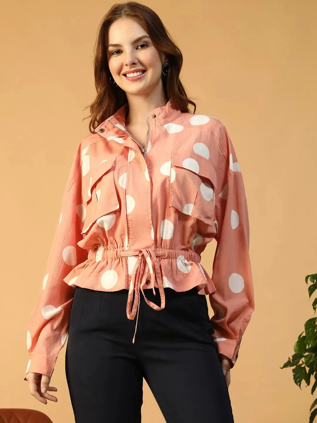 Light Pink Polka Dot High Neck Long Sleeve Women Bomber Jacket
