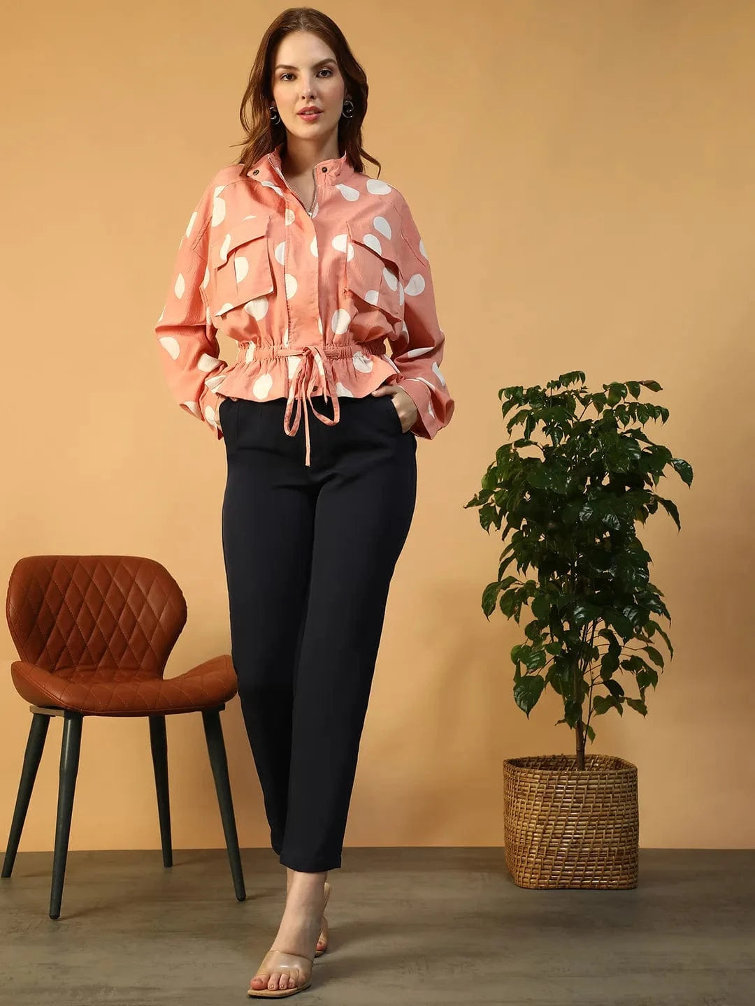 Light Pink Polka Dot High Neck Long Sleeve Women Bomber Jacket